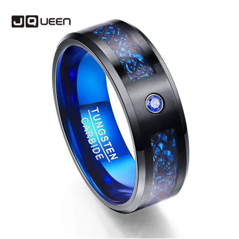 

Foreign Trade Carbon Fiber Scrub Blue Zircon Men Rings 100% Tungsten Carbide Anillos para hombres Black Dragon