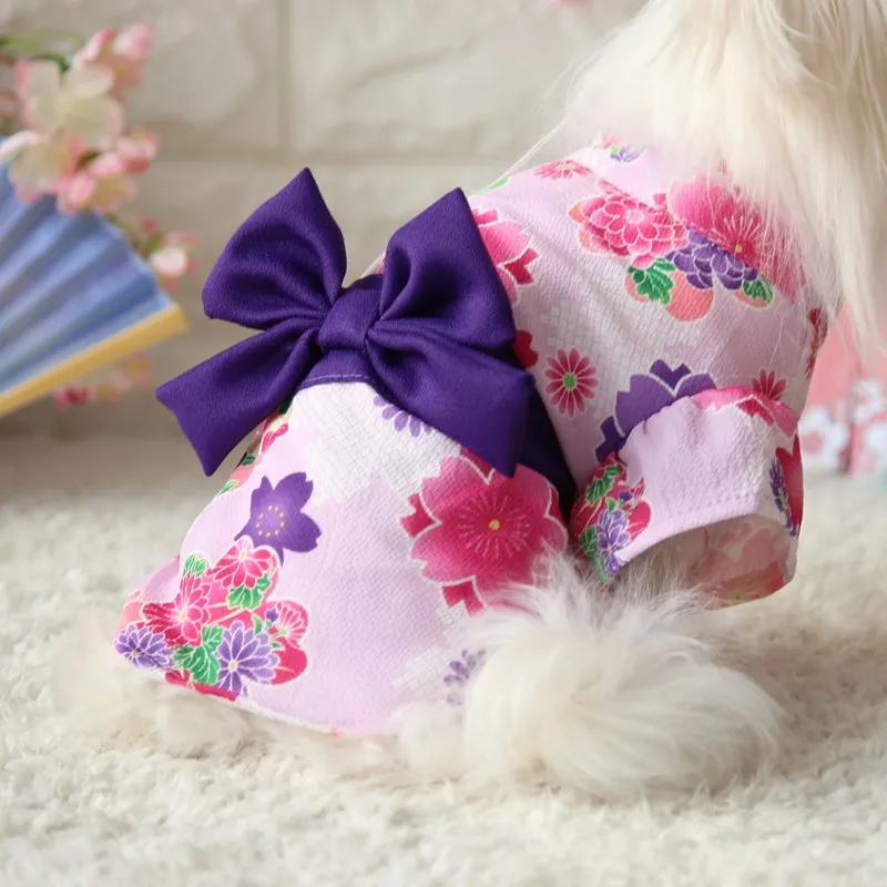 Japanese Pet Kimono Poodle Cat Cherry Blossom Bathrobe Sakura Kimono Dress Puppy Kitty Flower Skirt Pet Spring Summer Clothes