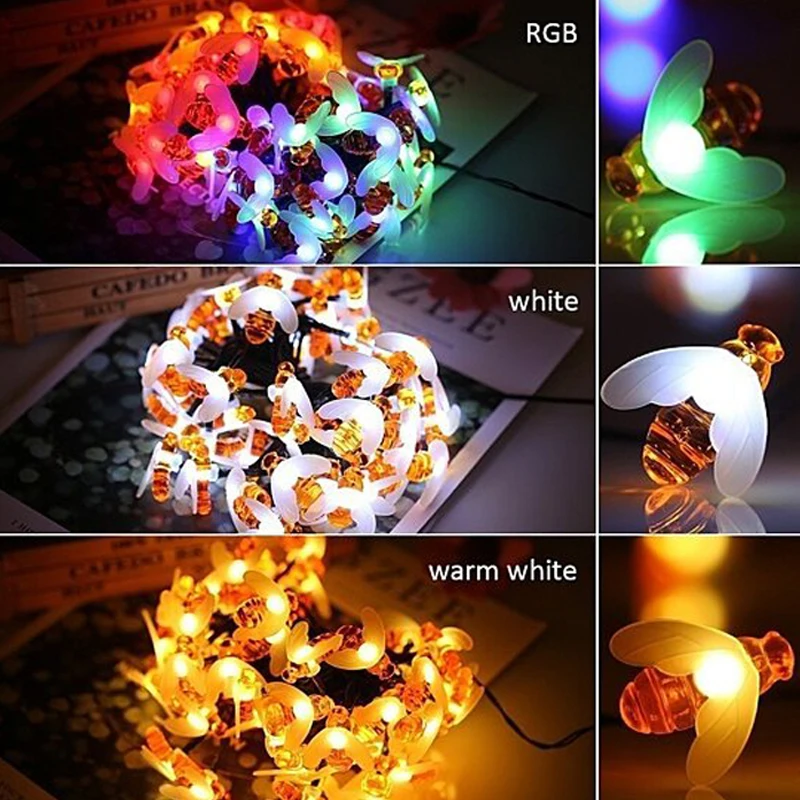 20LED/30LED/50LED Bee Shaped LED String Lights Battery Operated Christmas Garlands Fairy Lights For Holiday Party Garden Decor