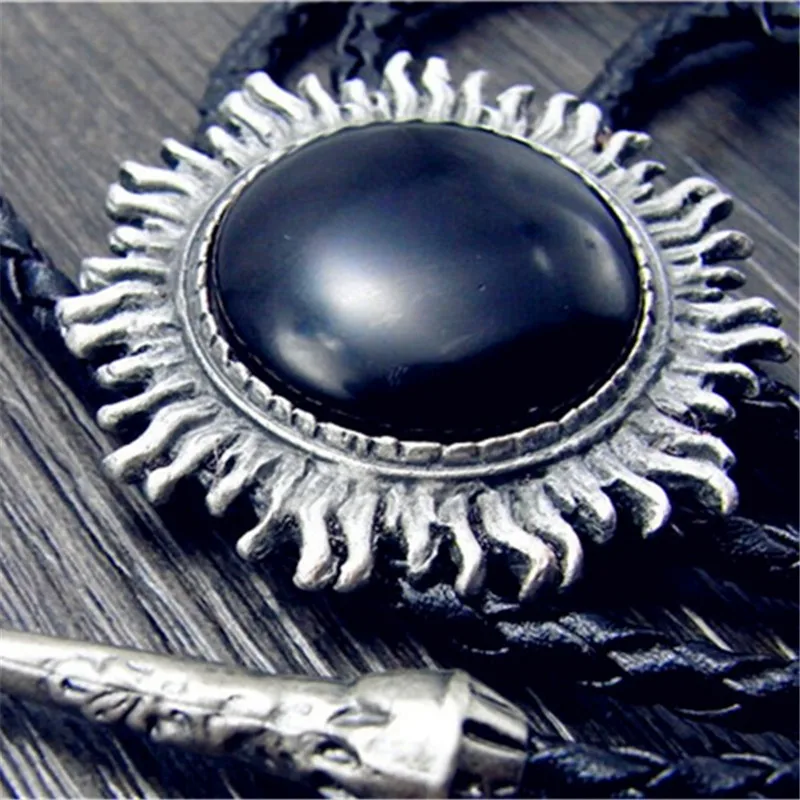 Bolo tie Retro shirt chain Imitation of obsidian sun Poirot tie rope leather necklace Long tie hang