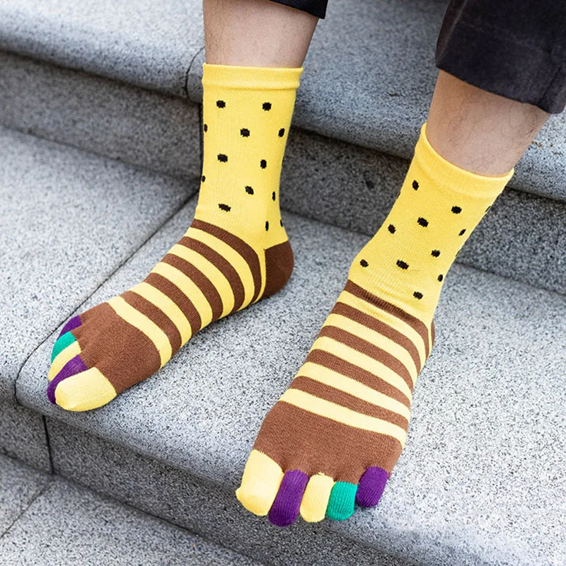 Mens Cotton Toe Socks Striped Contrast Colorful Patchwork Five Finger Socks Free Size Basket Calcetines Short Sox Gifts for Men