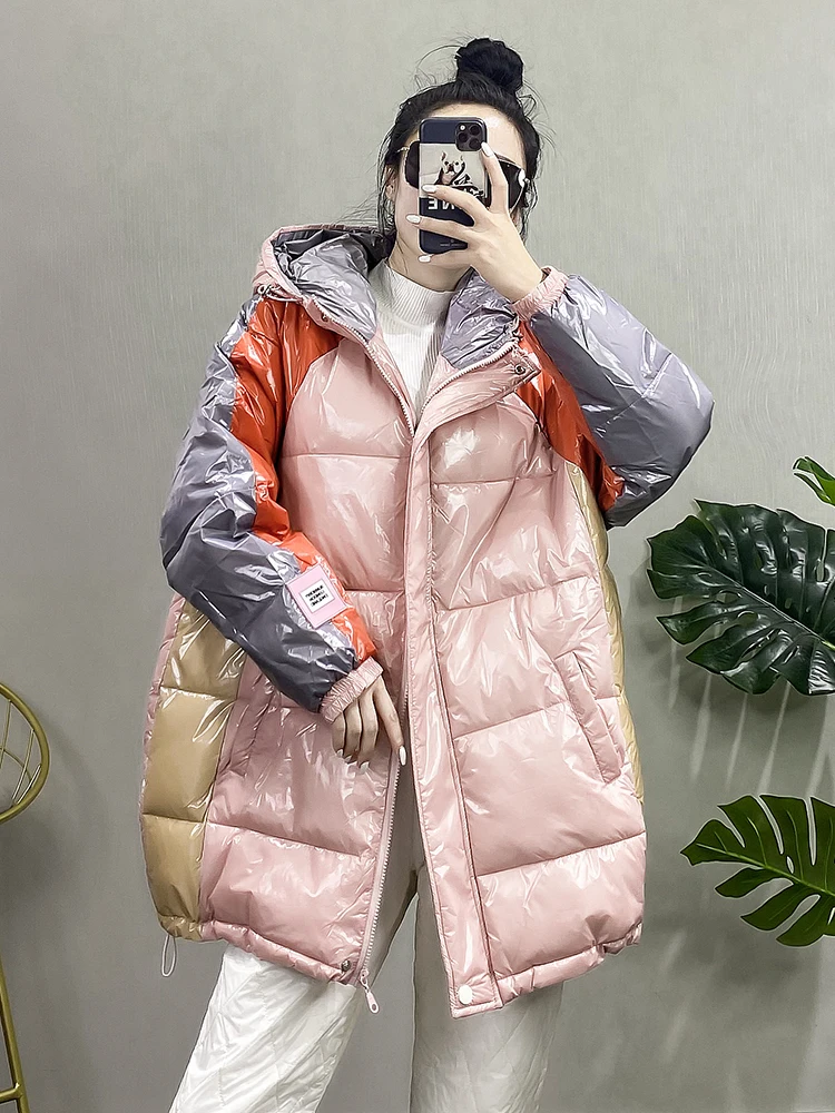 Autumn Winter Coats Ladies Fashion Shiny Cotton Coat Loose Bread Clothing Jackets Hooded Contrasting Color Cotton Clothing Women