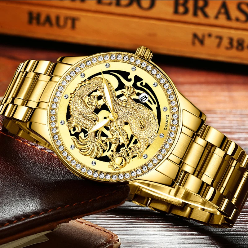 Mens Watches Top Luxury Fashion Dragon Golden Quartz Watch Diamond Dial Waterproof Stainless Steel Clock Male Relogio Masculin