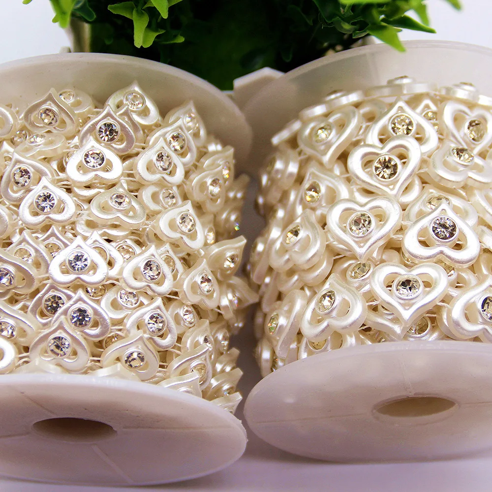 1YD ABS imitation pearl connection bead half face love diamond chain peach heart inlaid diamond heart-shaped bride doll DIY