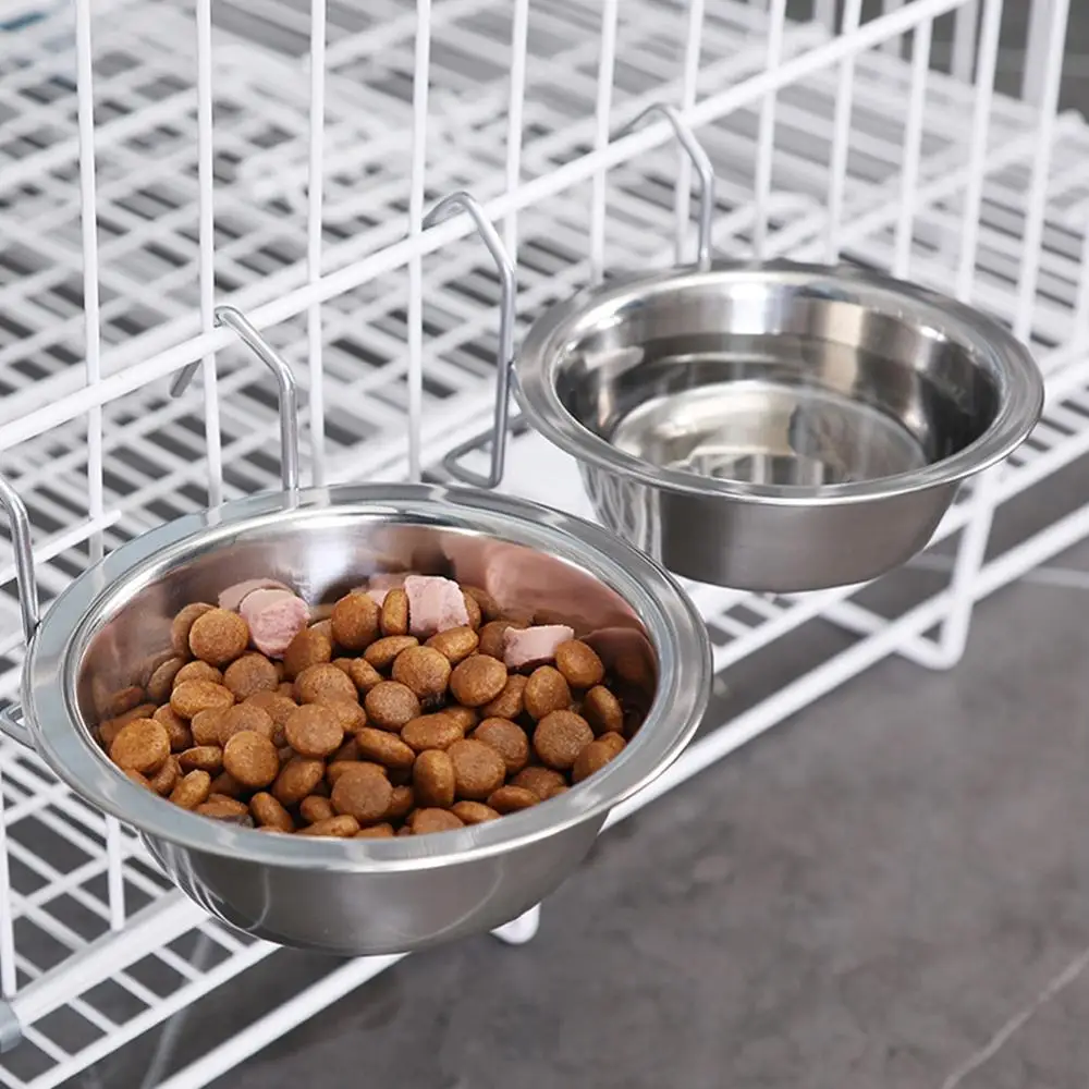 Stationary Dog Cage Bowl Stainless Steel Pet Hanging Feeder Dish Durable Puppy Kitten Drinking Water Feeding Food Bowls Cat Dish