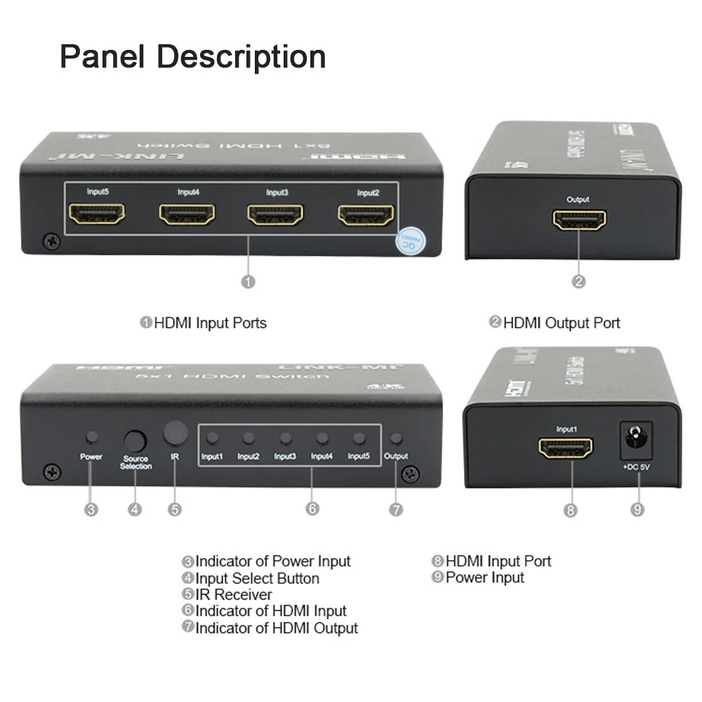 LINK-MI 4k 5x1 hdmi switch support 4k30hz 3d cec 36bit ultra hd 5 a 1 seletor hdmi 5 em 1 fora interruptor de áudio de vídeo com controle remoto