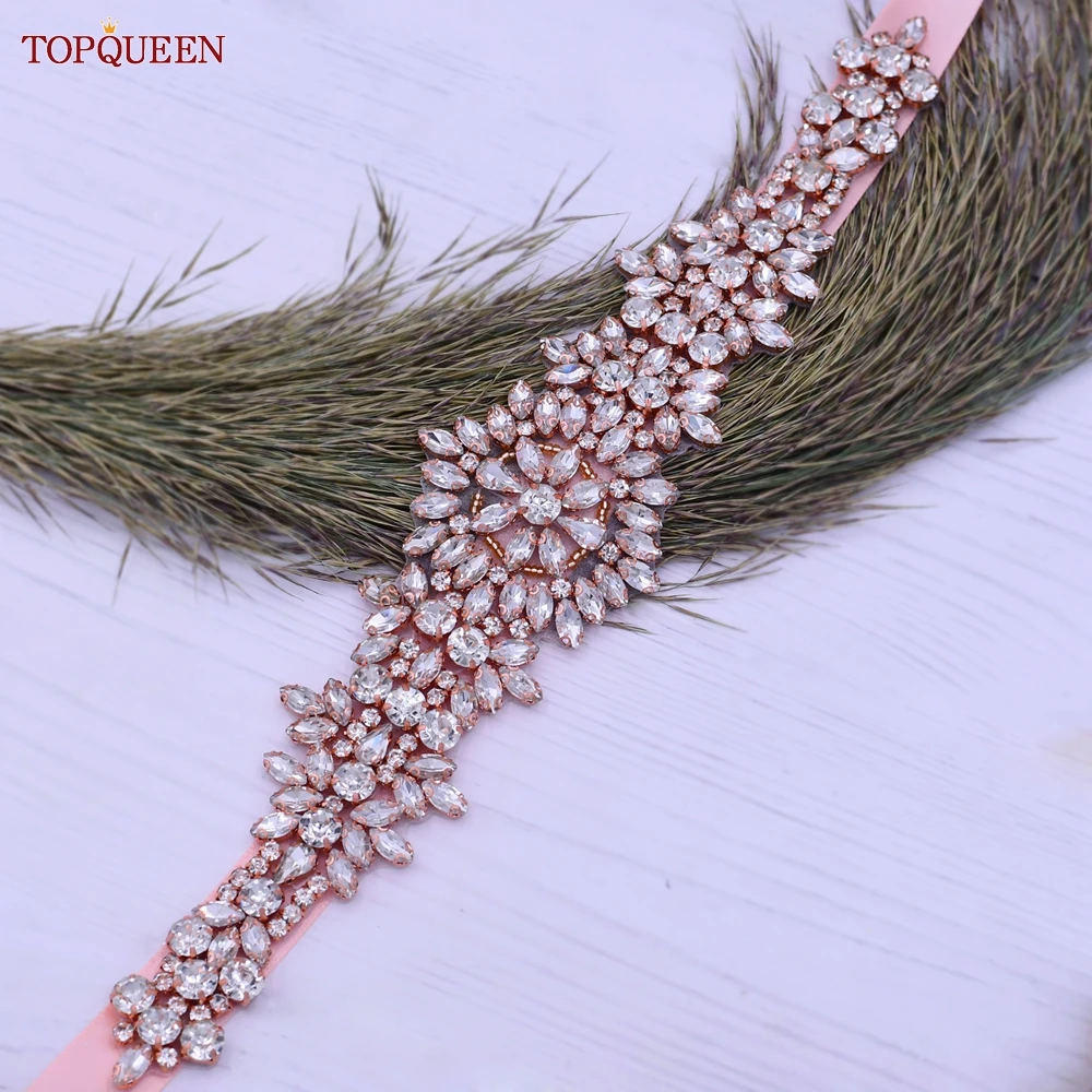 TOPQUEEN S319-RG Rose Gold Belt Full Rhinestone Ladies Wedding Party Stones Sash Women Dress Bride Accessories Gown Applique