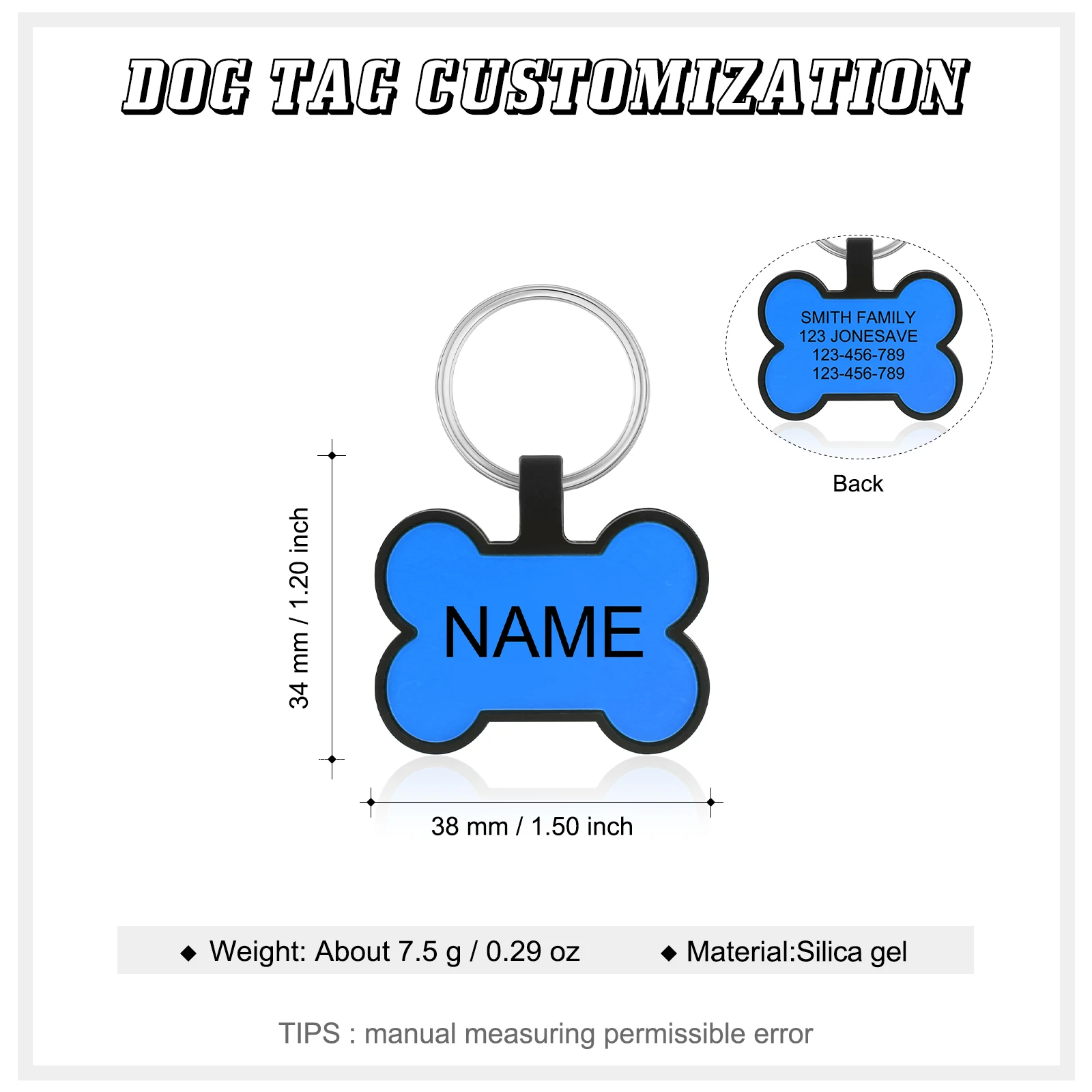 Colar lateral duplo personalizado para animais de estimação, Dog and Cat ID Tag, nome e número personalizados, Anti-Lost, Silicone Keychain