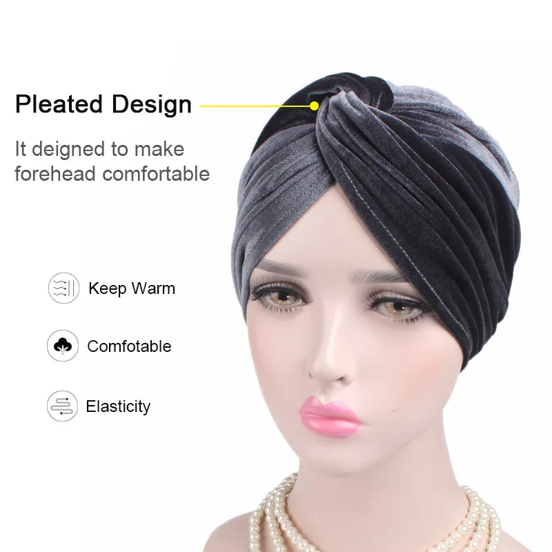 New Women Stretch Solid Ruffle Turban Hat Scarf Knotted Chemo Beanie Caps Headwrap for Cancer Chemotherapy Hair Loss Accessories