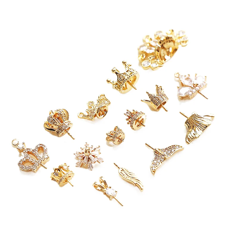 Copper plated gold crown Mermaid tail small wings with needle DIY jewelry earrings bracelet pendant making accessories materials