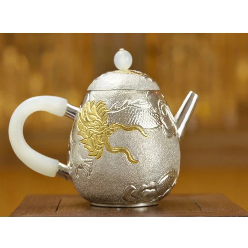 Silver pot 999 sterling silver handmade tea set Japanese retro teapot kettle home tea ceremony Kungfu tea set 200ml