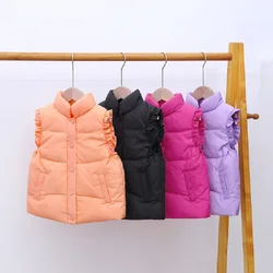 Winter Baby and Girls Ruffled Sleeves Single-Breasted Puffer Vest Jackets School Kids Down Waistcoat Child Outfit Tops 2-10 Yr