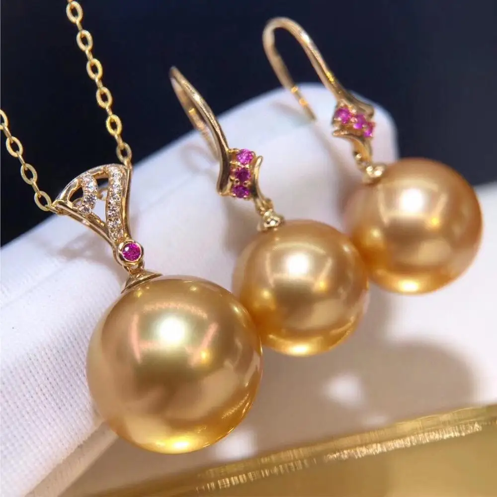 D919 Pearl Set Fine Jewelry Solid 18K Gold Round 9-12mm Nature Salt Sea Water Golden Pearls Jewelry Sets for Women Presents