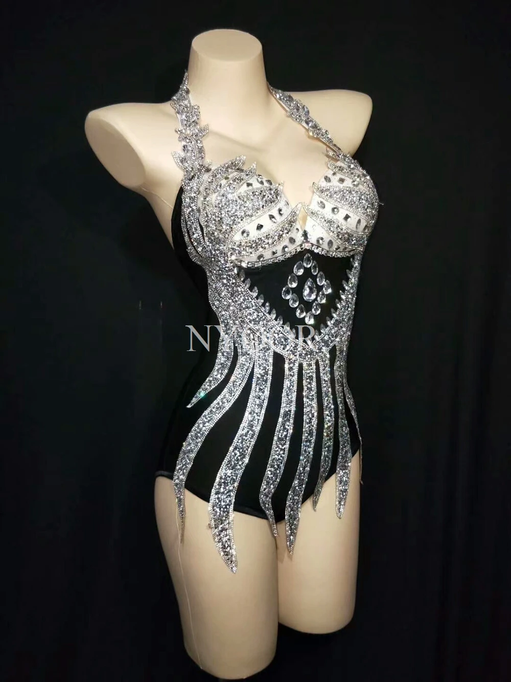 Sparkly Silver Crystals Bodysuit Sexy Skinny Leotard Tassel Gloves Female Bar Dance Stage Party Dance Costume Celebrate Dress