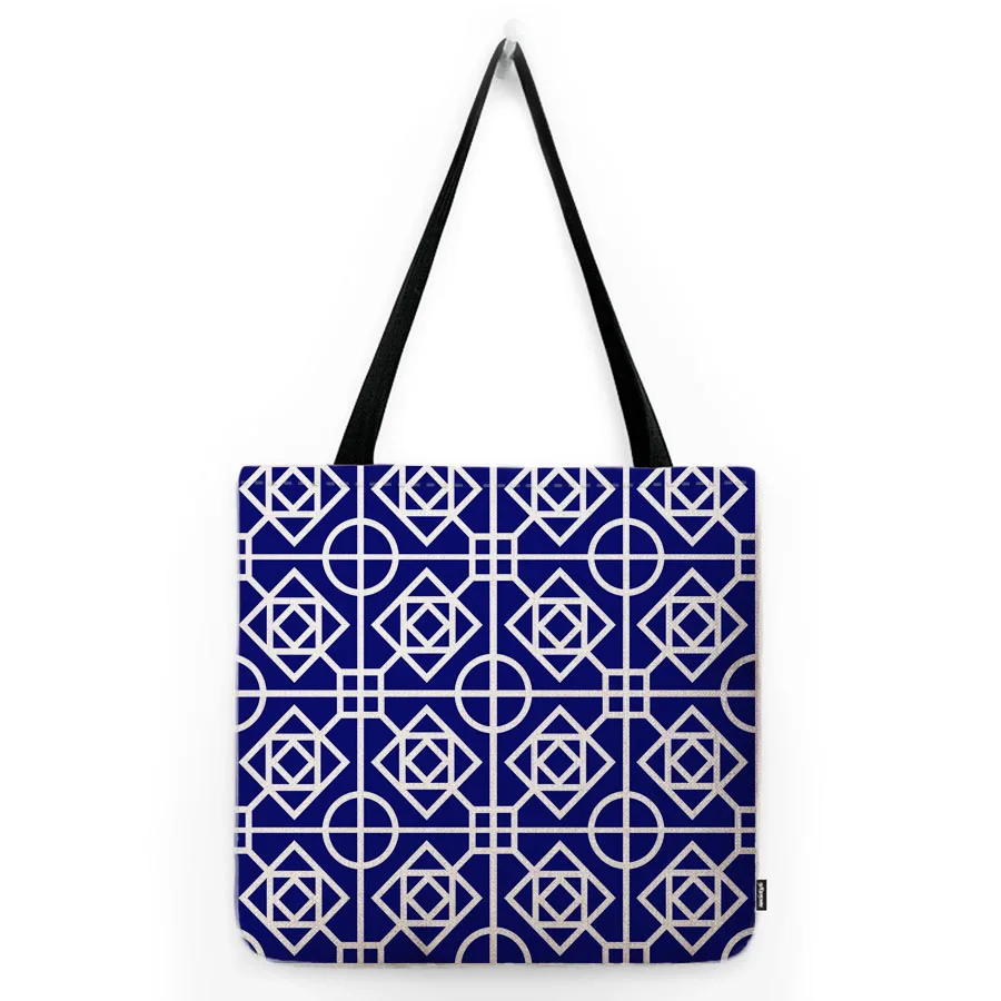 Classic Delft Blue Navy Blue Geometric Art Water Resistant Cotton Linen Large Shopper Canvas Bag Shoulder Tote Bag