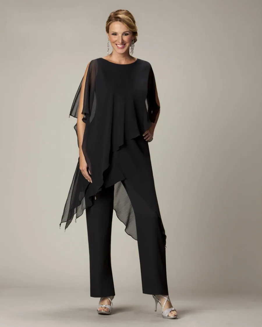 كوكتيل فساتين Hot preto Chiffon Pant Ternos Para O Casamento de Duas Peças Vestidos Formais vestido mae da noiva Mãe dos Vestidos de Noiva