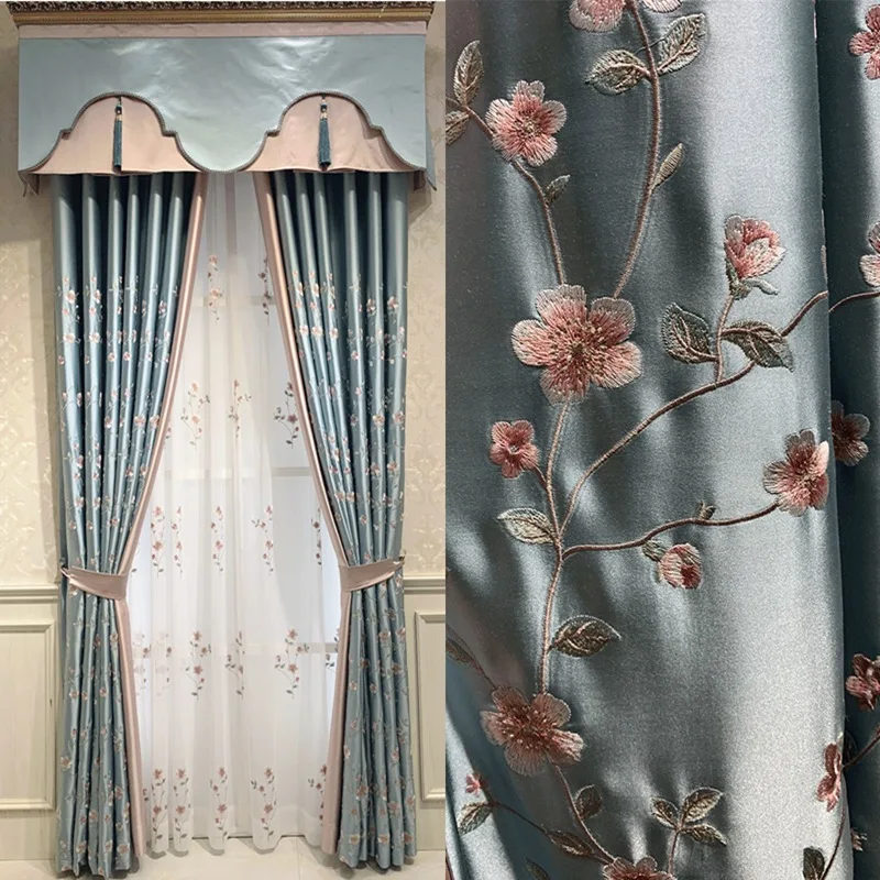 

Curtains Blue Window Drape Modern for Living Room Curtains Tulle Sheer Fabrics Light Luxury American Embroidered Plum Blossom