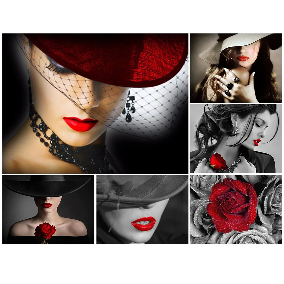 Full Square Diamond Embroidery Portrait Pretty Woman Red Hat &Red Lips 5D Diamond Painting  Mosaic Picture of Rhinestones Decor