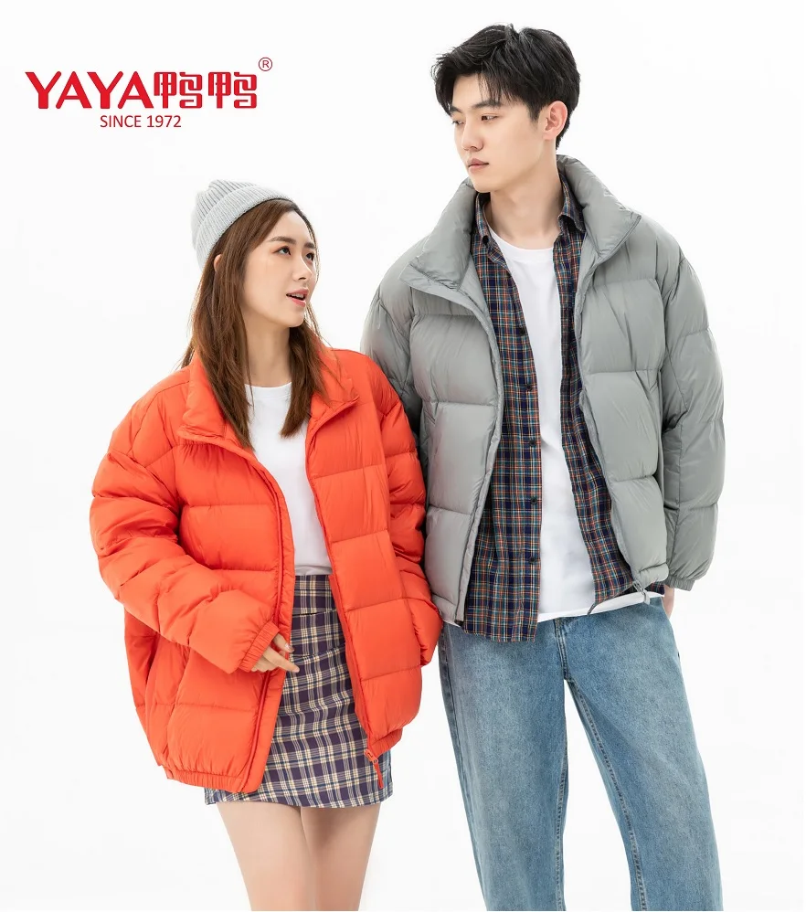 

YAYA 2021 Winter Men's Stand Collar Puffy Coat Couples Style 90% White Duck Down Jacket Windbreak Business Casual Warm Outwear