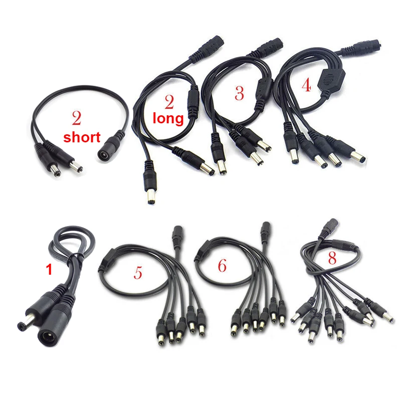 2.1x5.5mm CCTV Security Camera 1 DC Female To 2/3/4/5/6/8 Male Plug Power Cord Adapter Connector Cable Splitter for LED Strip