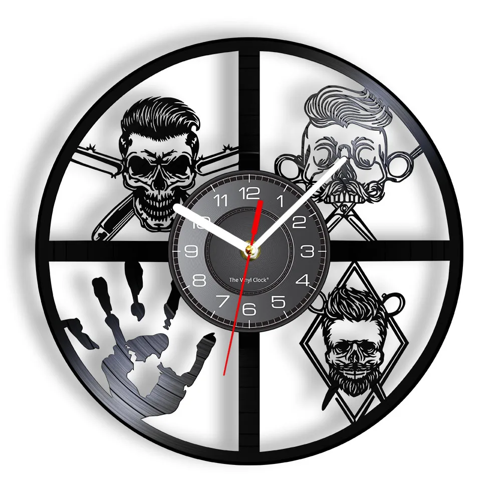 Rock Trendy Barbershop Skull Vinyl Record Wall Clock Skeleton Palm Cool Retro Art Hairstylist Skull Hipster Mancave Timepieces