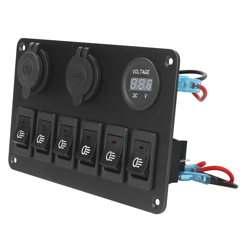 6 Gang Rocker Switch Panel LED Digital Voltmeter Dual USB Ports DC 12V/24V ON/OFF Lights Waterproof Car Marine Circuit Breaker