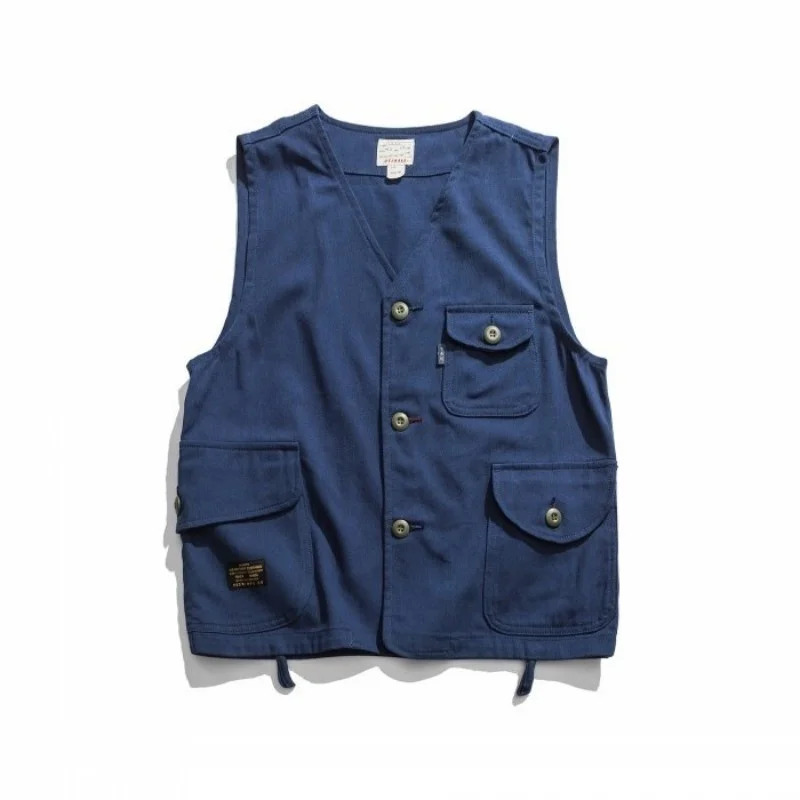 Multi-Pocket Vintage Work Men Vest Spring Summer New Casual Loose Fit Short Waistcoat Single Breasted Sleeveless Jacket Male