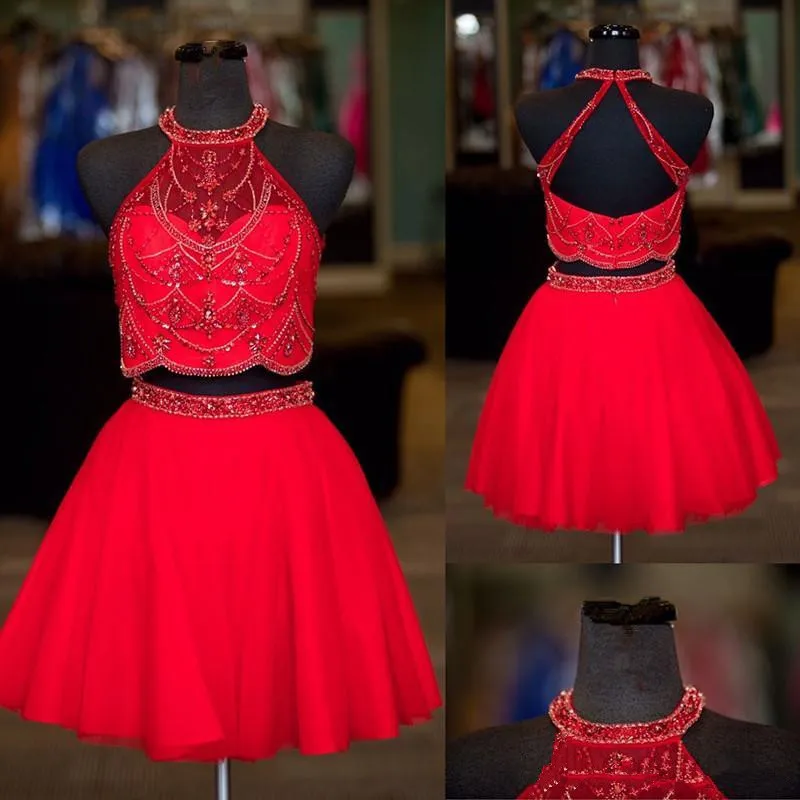 2019 duas peças vestidos de baile halter pescoço frisado sem costas fotos reais coquetel vestidos tule um vestido de linha