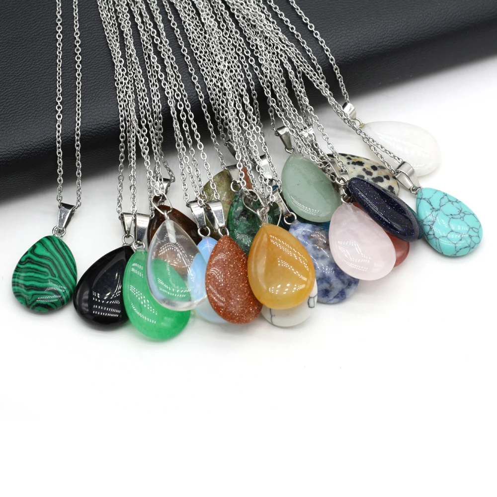 Natural Stone Necklace Drop Shape Crystal Rose Quartz Crazy Agate Opal Blue Turquoise Pendant Neck Chain for Women Jewelry Gifts