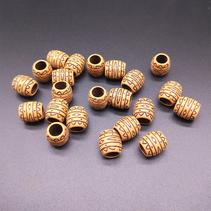 50pcs 11x10mm Plastic Imitation Wood Barrel Beads Large Hole Retro Ripple Craft Beads DIY Making Crafts Jewelry Accessories