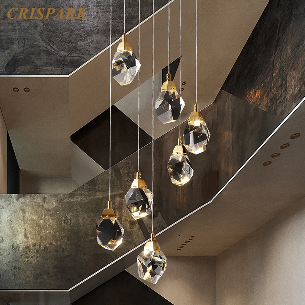 Modern Crystal Ceiling Lamp LED Luxury Brass Stair Ceiling Chandelier Indoor Lighting Cristal Pendant Hanging Light Fixtures