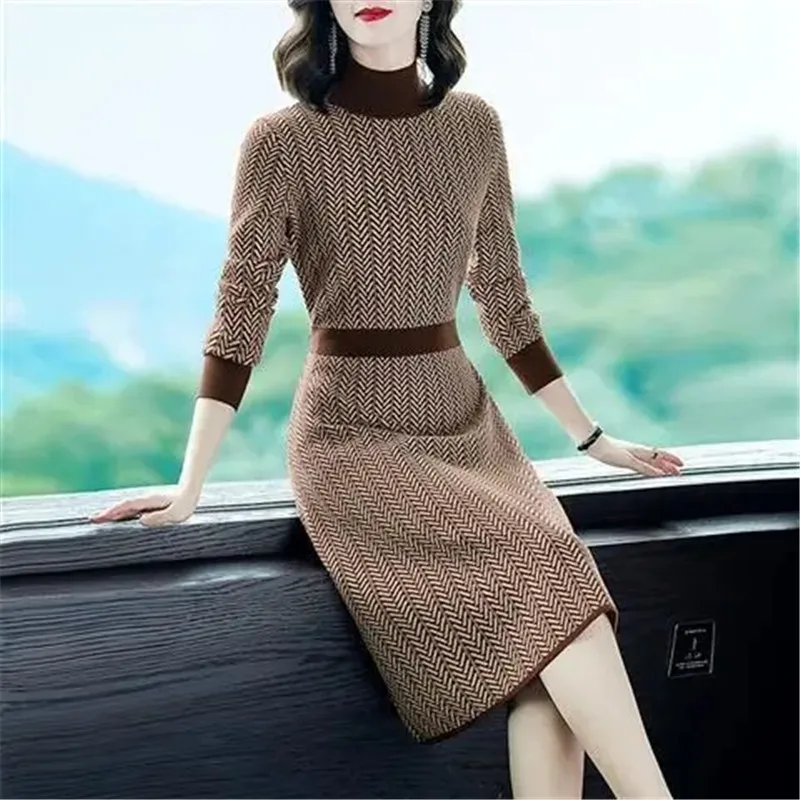 Women Casual Bottom Sweater Dress 2024 New Turtleneck Long Sleeve Slim Pattern Knee-length Clothes For Office Lady High Quality