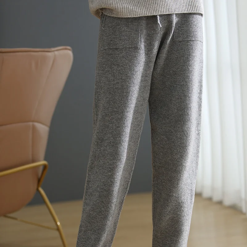 ATTYYWS-Cashmere Harlan Pants for Women, 100% Wool, Knitted, Long, Pure Color, Casual, New Style, Autumn and Winter, 2024