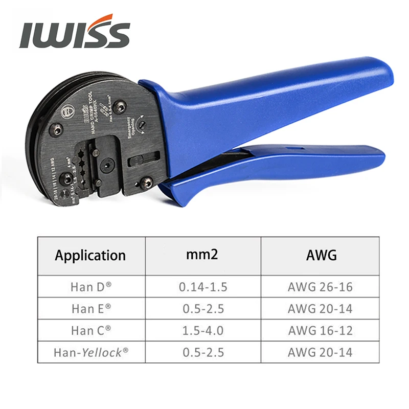 IWISS IWS-0540HX ruka krimpování nástroje pro 0.14mm2-4.0mm2 (AWG26-12) harting han D/E/C konektorů s lokátor