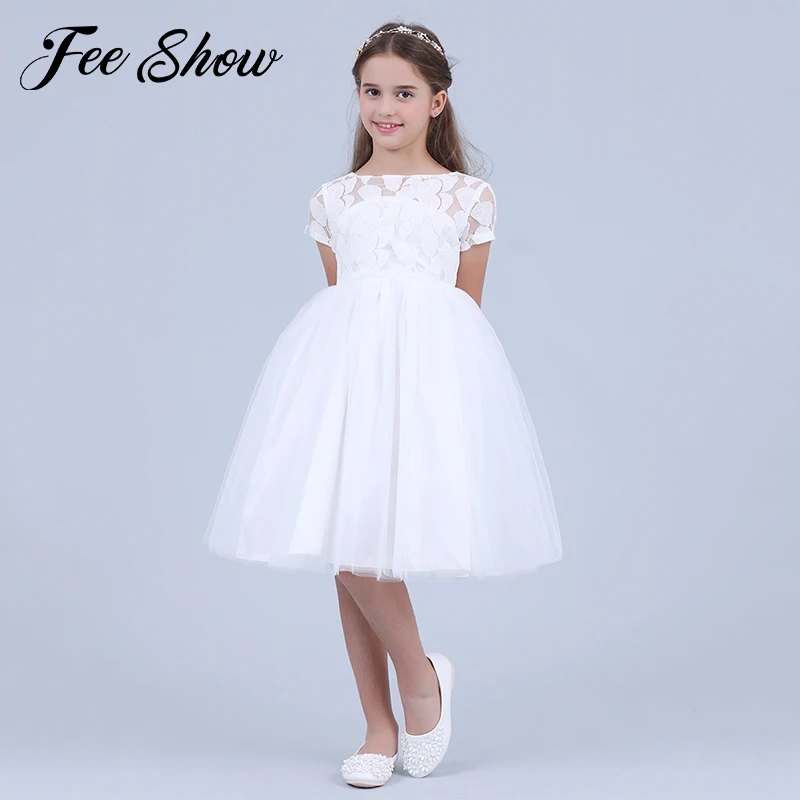 Flowers Short Sleeve White Baby Girl Dress Infant Toddler Summer Ball Gown Lace Christening Party Dresses Kids Girls Clothing