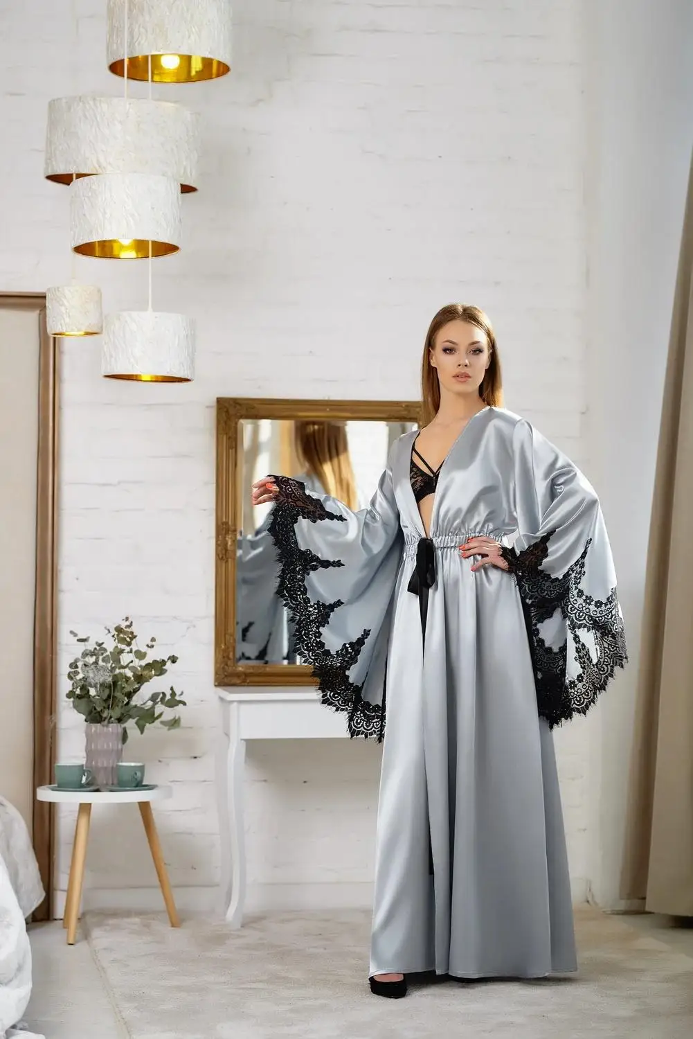 2022 Silver Bridal Bathrobe Nightgown LaceLong Sleeve Bathrobe Pajamas Sleepwear Train Long