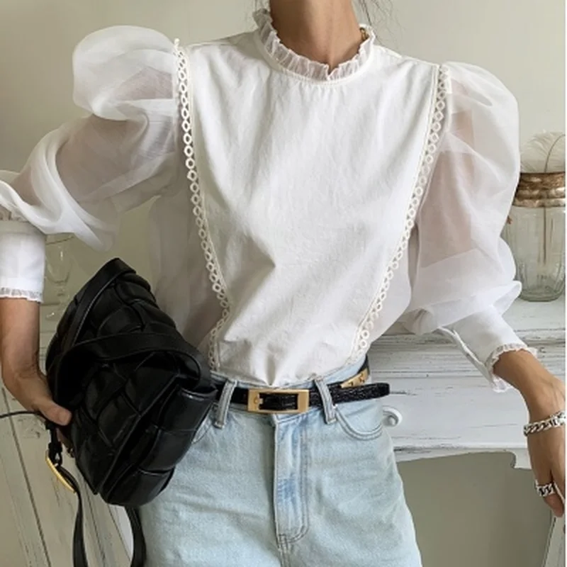 Vintage Wood Ear Shirt Loose Tops Solid Blusas Autumn New All-match Loose Shirt Oversize Puff Long Sleeve Women Blouse 15897