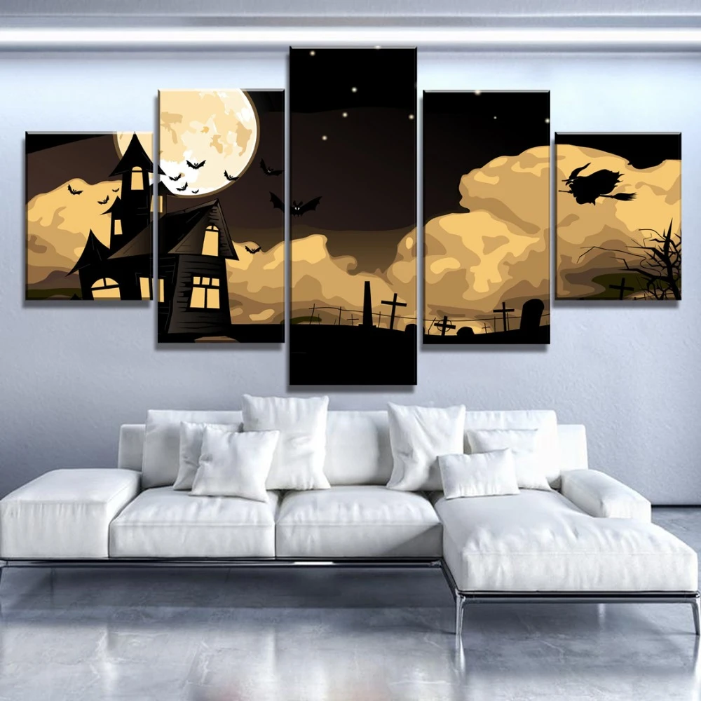 5 Pieces Wall Art Canvas Painting Bat Castle Moon Night Scene Landscape Poster Modern Living Room Decoration Modular Framework