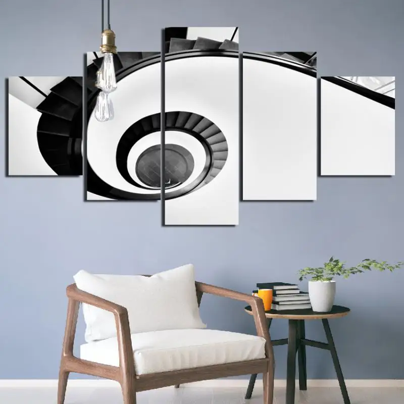 Abstract Nordic White Black Spiral Staircase Color Contrasting Art Nordic Style 5pcs Canvas Decorative Printing Poster Frameless