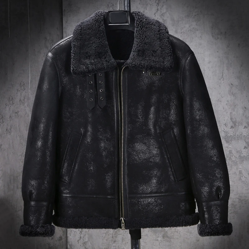 

New Shearling Coat Mens B3 Bomber Jacket Black Leather Jacket Short Fur Jacket Mens Winter Wool Coat