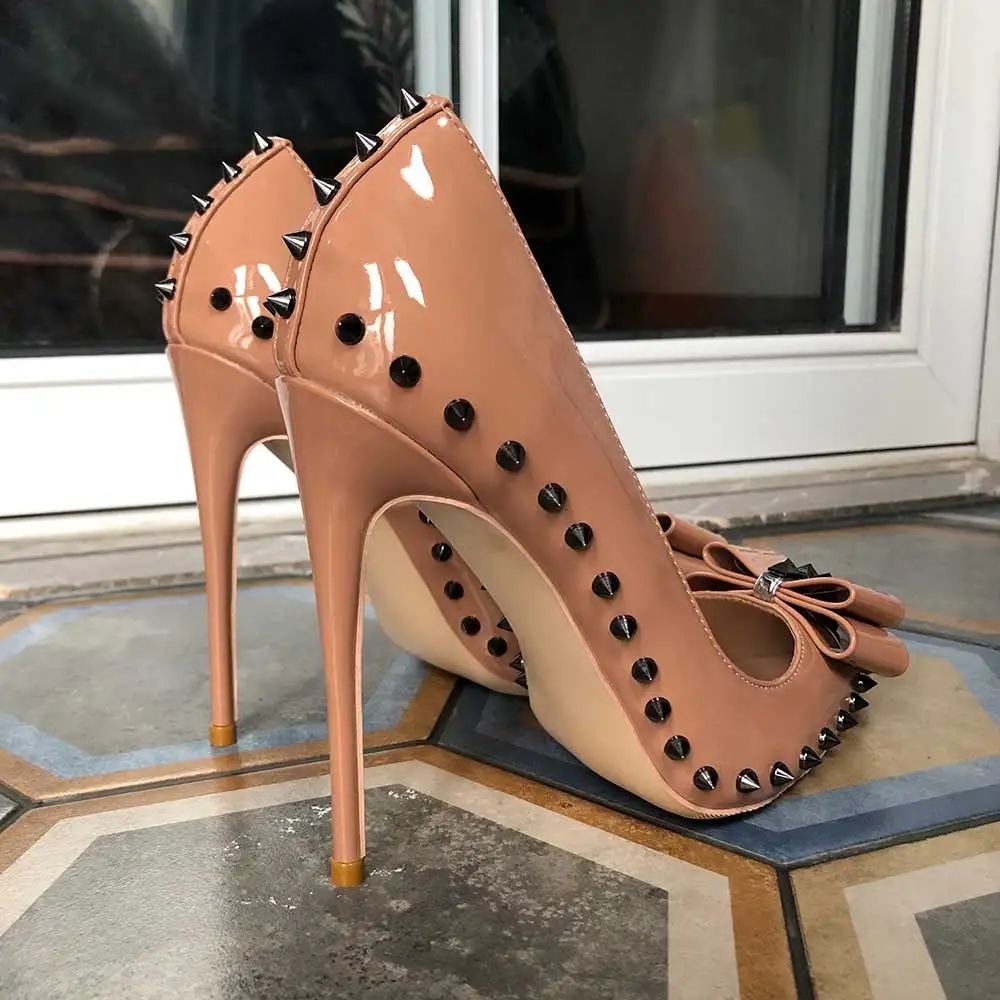 Tikicup Nude Bowknot Women Sexy Spikes Patent Stiletto Pumps Pointy Toe Slip On 8cm 10cm 12cm High Heel Shoes Plus Size 33-45