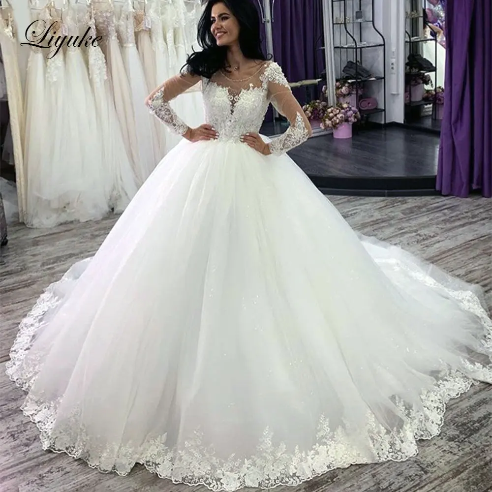 

Liyuke Gorgeous Ball Gown Wedding Dress With Full Sleeve Of Buttons Closure Bridal Dresses