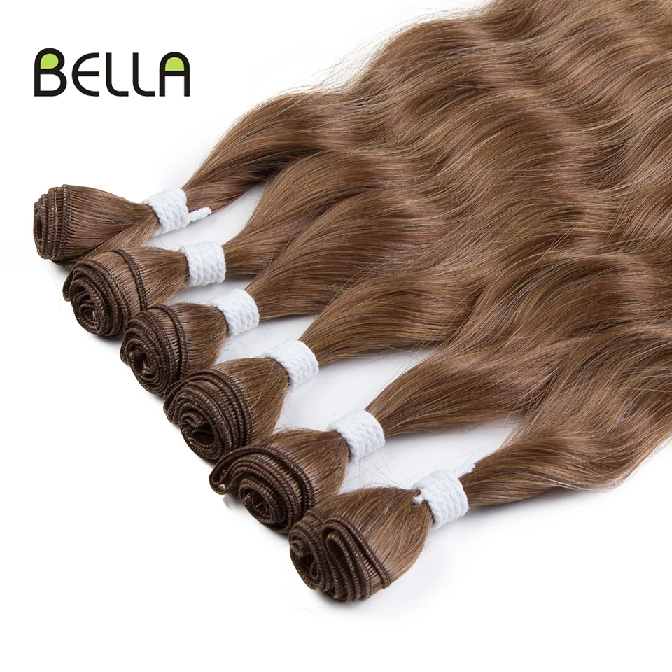 Bundel rambut gelombang air Bella ekstensi rambut sintetis bundel rambut jalinan Cosplay coklat Ombre pirang ekstensi rambut palsu 20 inci 6 buah