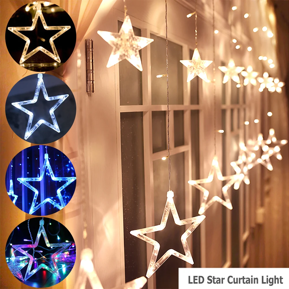 12 Stars 138 LEDs Window LED Star Curtain String Lights for Wedding Christmas Holiday Party Backdrops Home Garden Outdoor P45