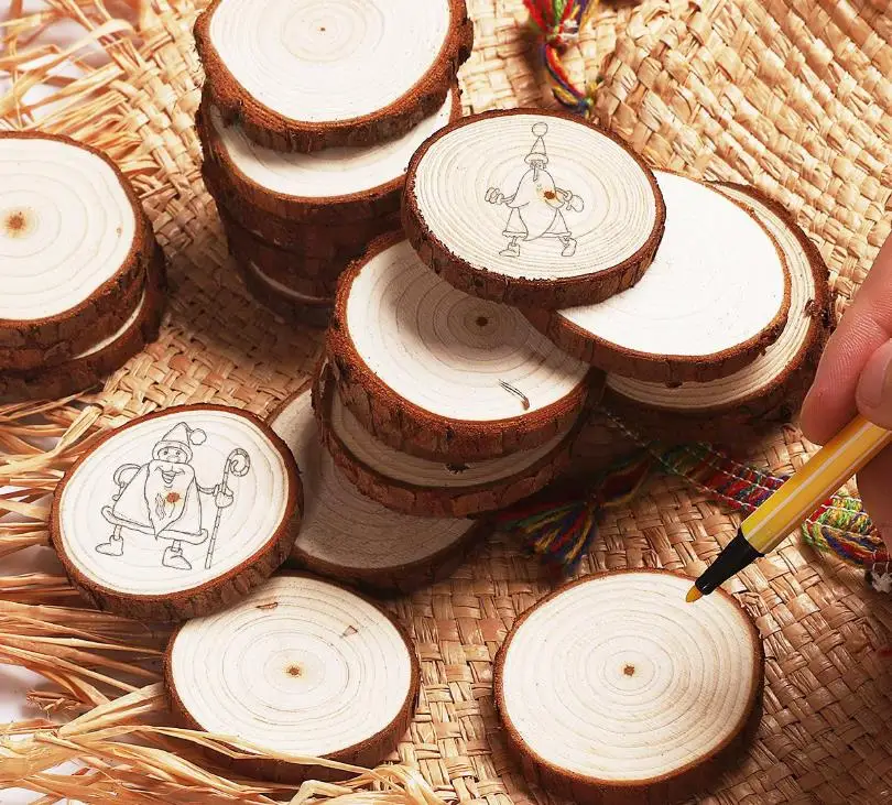 Christmas Ornaments Wood DIY Small Wood Discs Circles Painting Round Pine Slices w/ Hole Jutes Party Supplies 6CM-7 CM SN3499