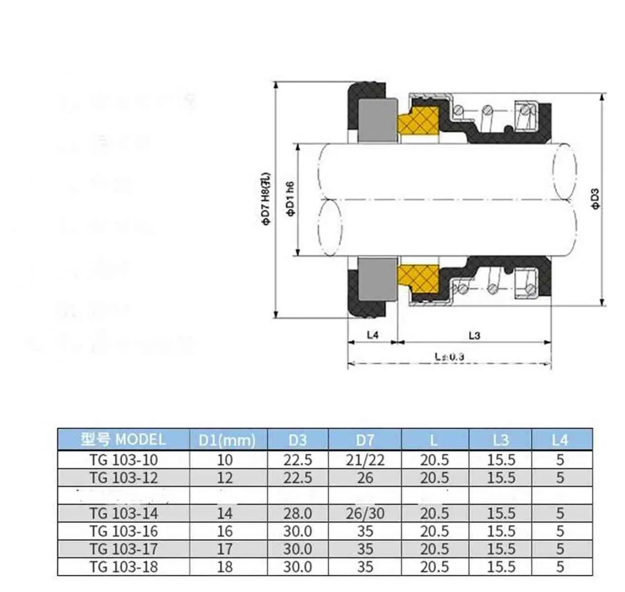 Model 103 I.D 10/12/14/17mm Mechanical Seal Shaft Seal Water Seal Self-priming Pump Clean Water Pump