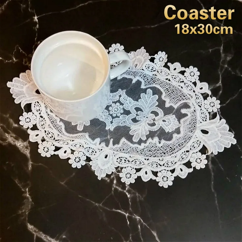 British Style Lace Embroidered Oval White Placemat Coaster Bedroom Balcony Coffee Cup Wine Cover Cloth Banquet Party Decoration