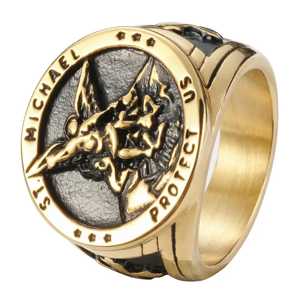 Size 7-14 Cross SAINT MICHAEL PROTECT US Ring 316L Stainless Steel Boys Mens New Cross Ring