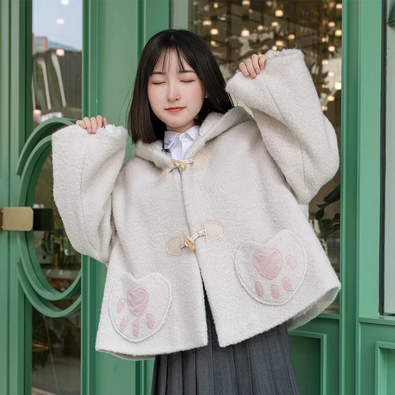 Cappotto corto in lana con orecchie di coniglio dolce lolita coreano stile Harajuku colletto alla peter pan stile preppy morbido ragazza principessa top giapponese