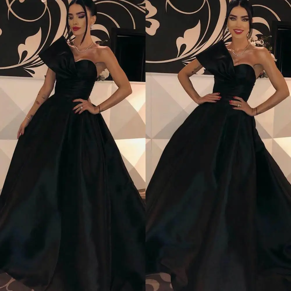 Arabic Black Evening Dresses Satin One Shoulder A Line Prom Dress Ruffles Sleeveless Red Carpet Party Gowns